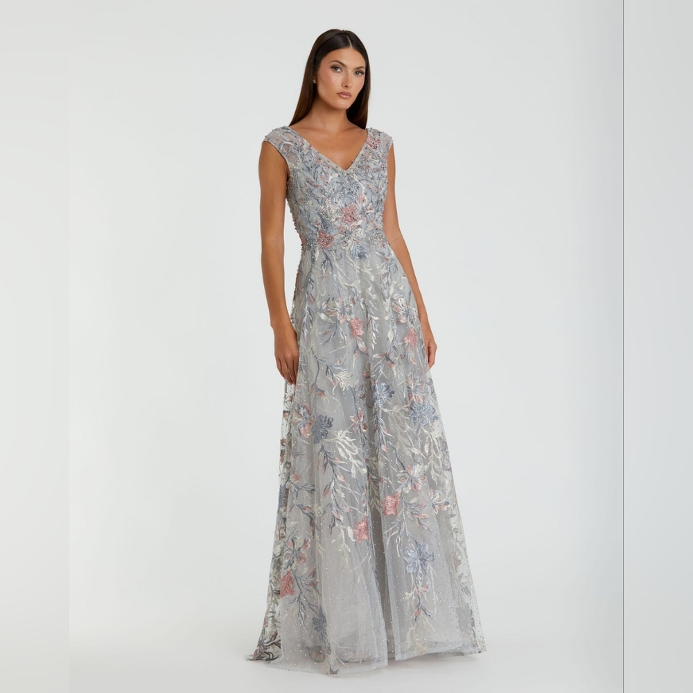 Mac Duggal Silver Floral Embroidered Gown with Pink & Blue Accents-sold